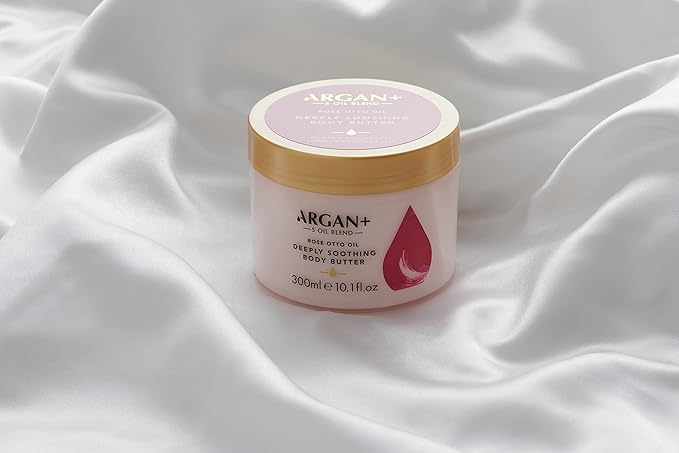 Argan+ Deeply Soothing Body Butter, Rose Otto Oil Vegan Moisturising Body Cream, 300ml